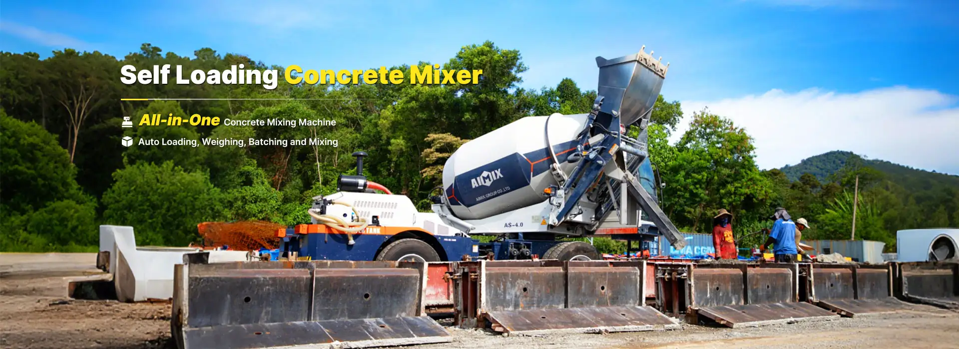 Self loading mixer for precast concrete