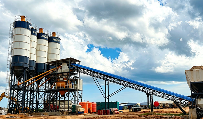 AIMIX AJ180 concrete batching plant on site
