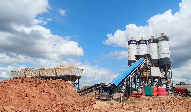 AIMIX AJ180 concrete batching plant on site